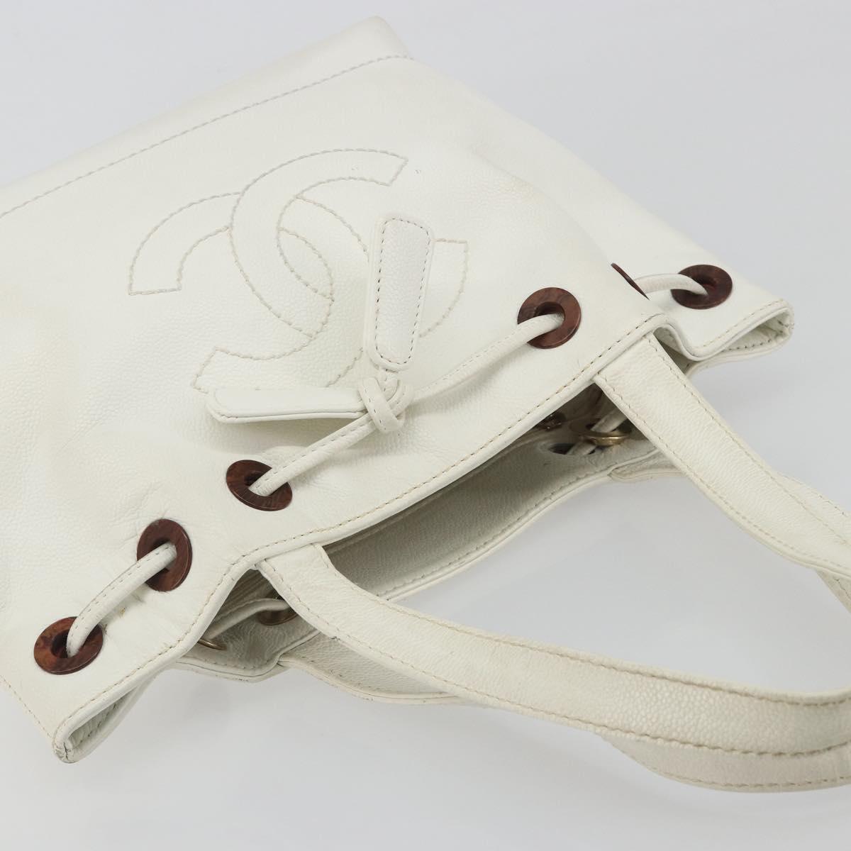 CHANEL Tote Bag Caviar Skin White Brown CC Auth BA14692
