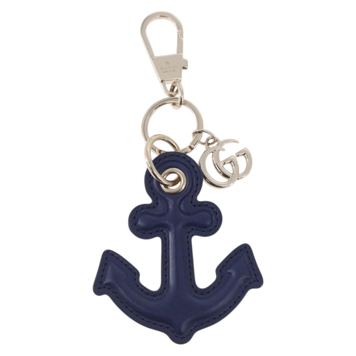 GUCCI Anchor Motif Key Ring Leather Navy Gold Tone Auth BA14709M