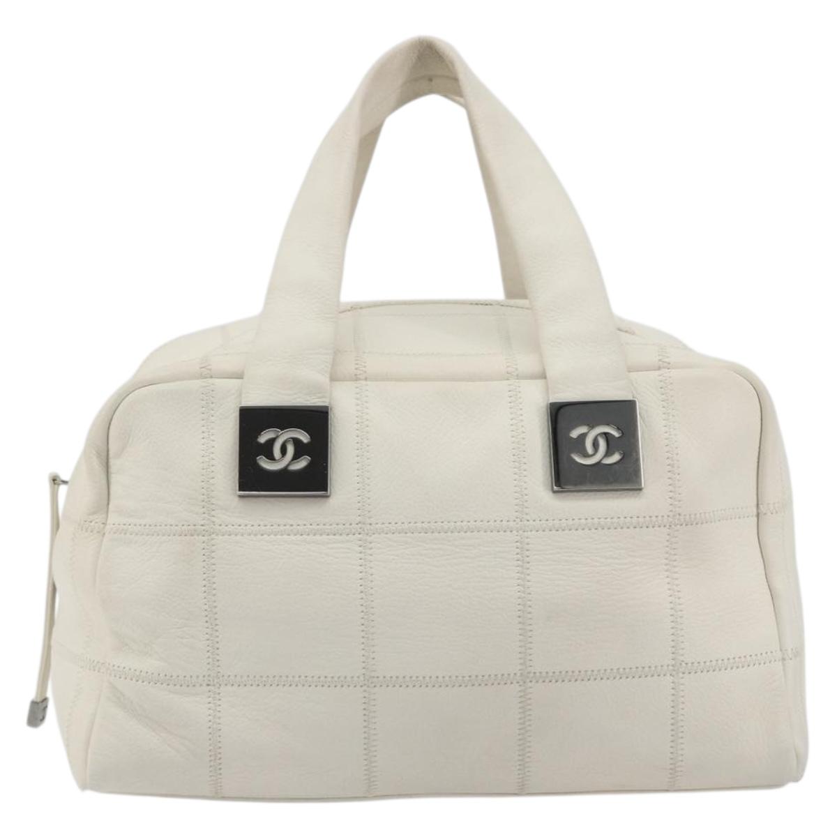 CHANEL Choco Bar Hand Bag Lamb Skin White Silver CC Auth BA14717A