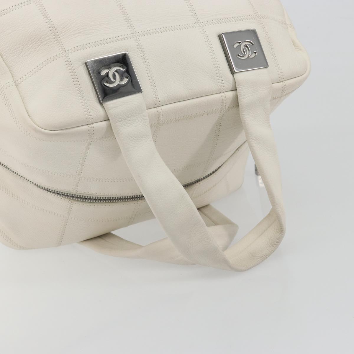 CHANEL Choco Bar Hand Bag Lamb Skin White Silver CC Auth BA14717A