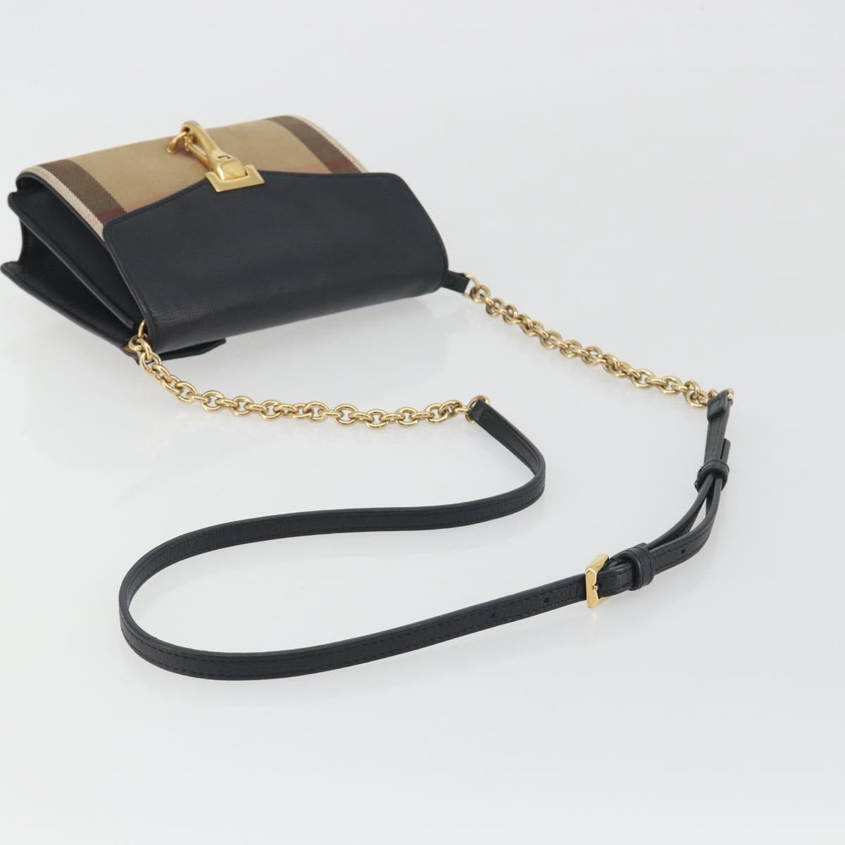 BURBERRY Nova Check Chain Shoulder Bag Canvas Beige Gold Tone Auth BA14722A