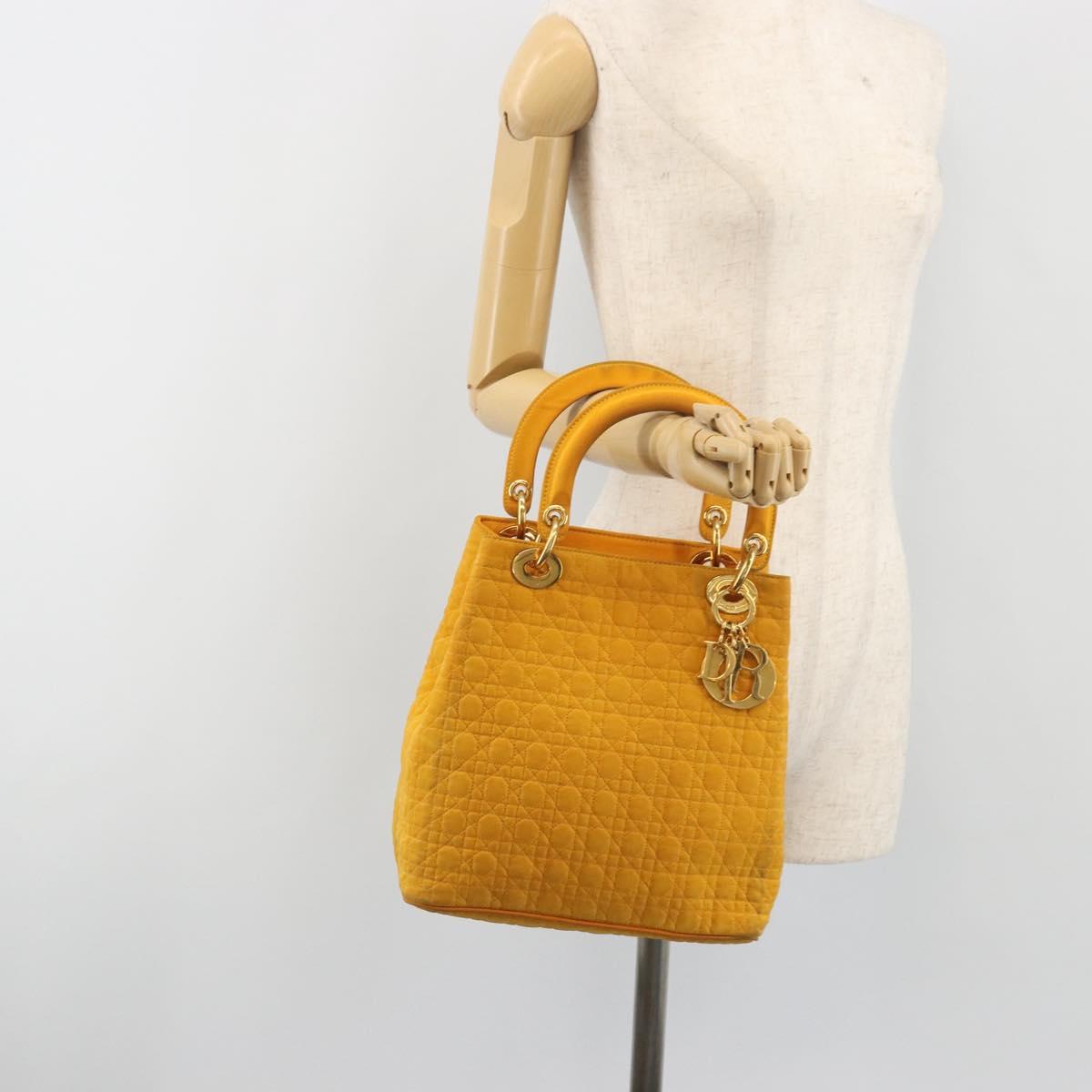 Christian Dior Lady Dior Hand Bag Canvas Yellow Gold Tone Auth BA14726