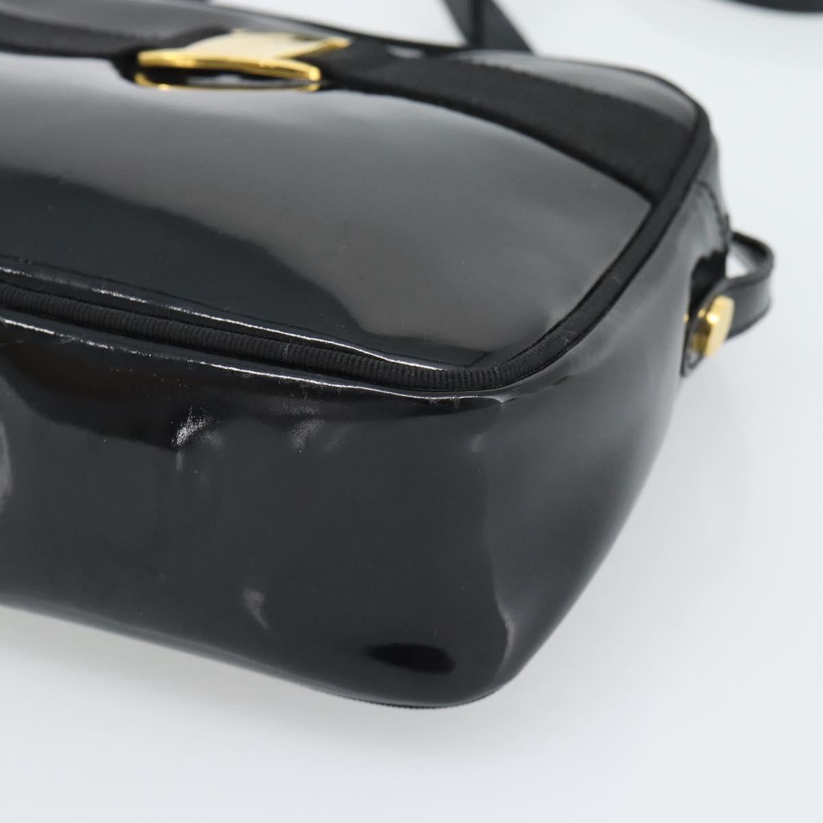 Salvatore Ferragamo Vala Shoulder Bag Patent Black Gold Tone Auth BA14727