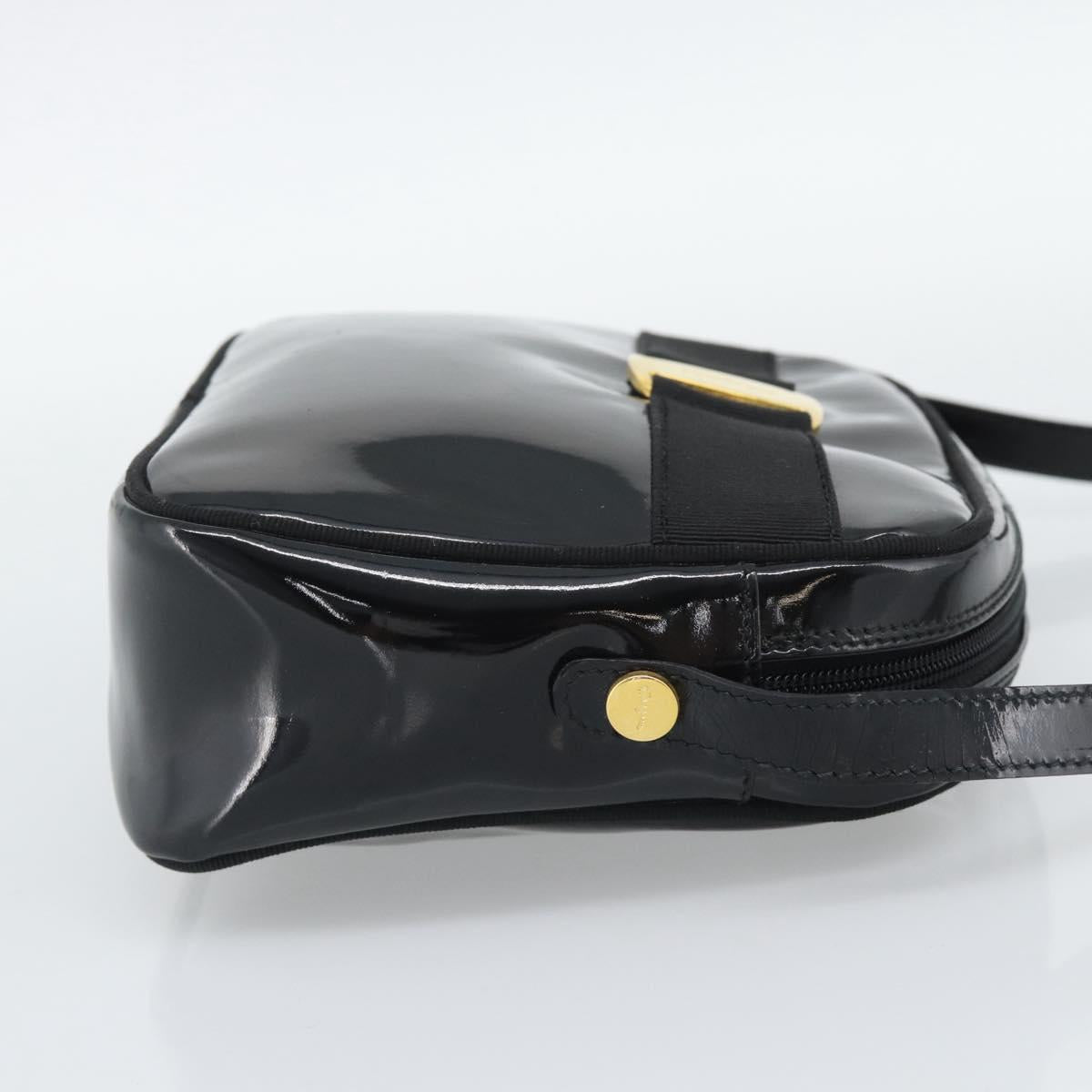 Salvatore Ferragamo Vala Shoulder Bag Patent Black Gold Tone Auth BA14727