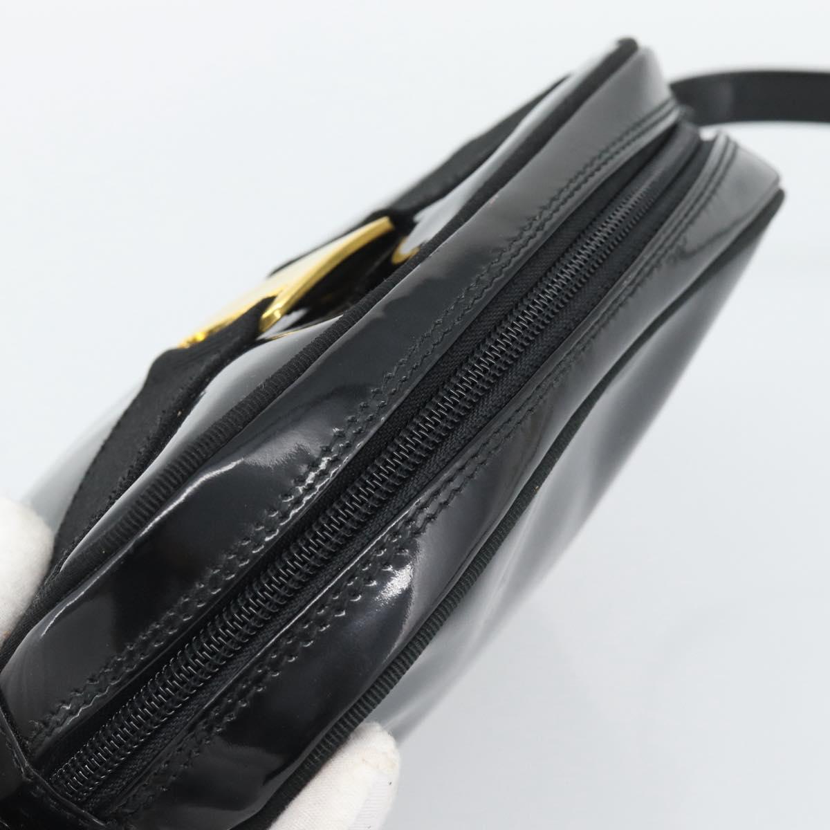 Salvatore Ferragamo Vala Shoulder Bag Patent Black Gold Tone Auth BA14727