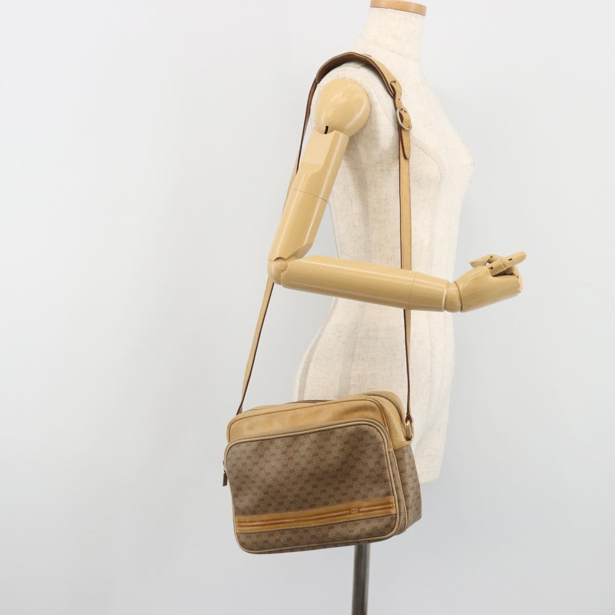 GUCCI Micro GG Shoulder Bag PVC Leather Beige Gold Tone Auth BA14736