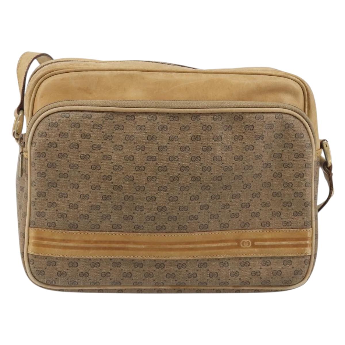 GUCCI Micro GG Shoulder Bag PVC Leather Beige Gold Tone Auth BA14736