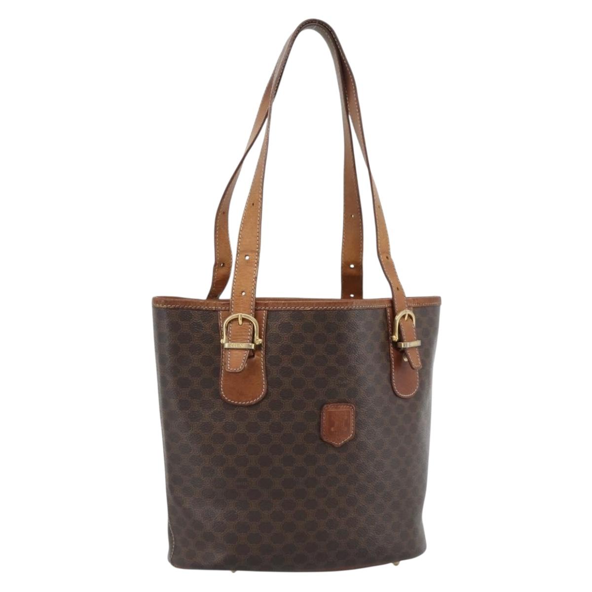 CELINE Macadam Tote Bag PVC Leather Brown Gold Tone Auth BA14737