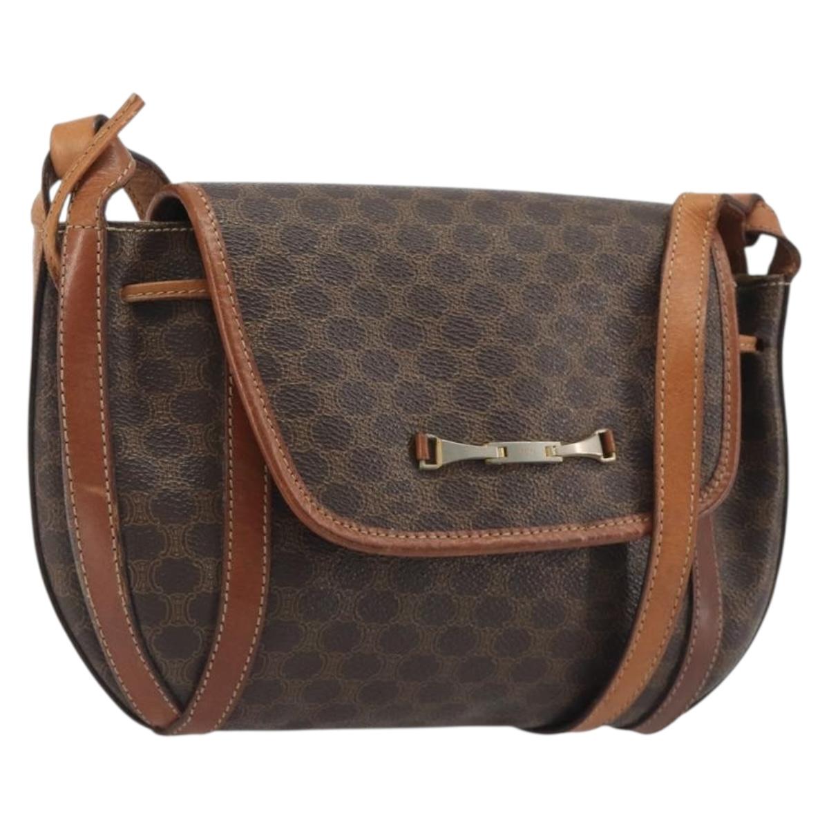 CELINE Macadam Shoulder Bag PVC Leather Brown Gold Tone Auth BA14738