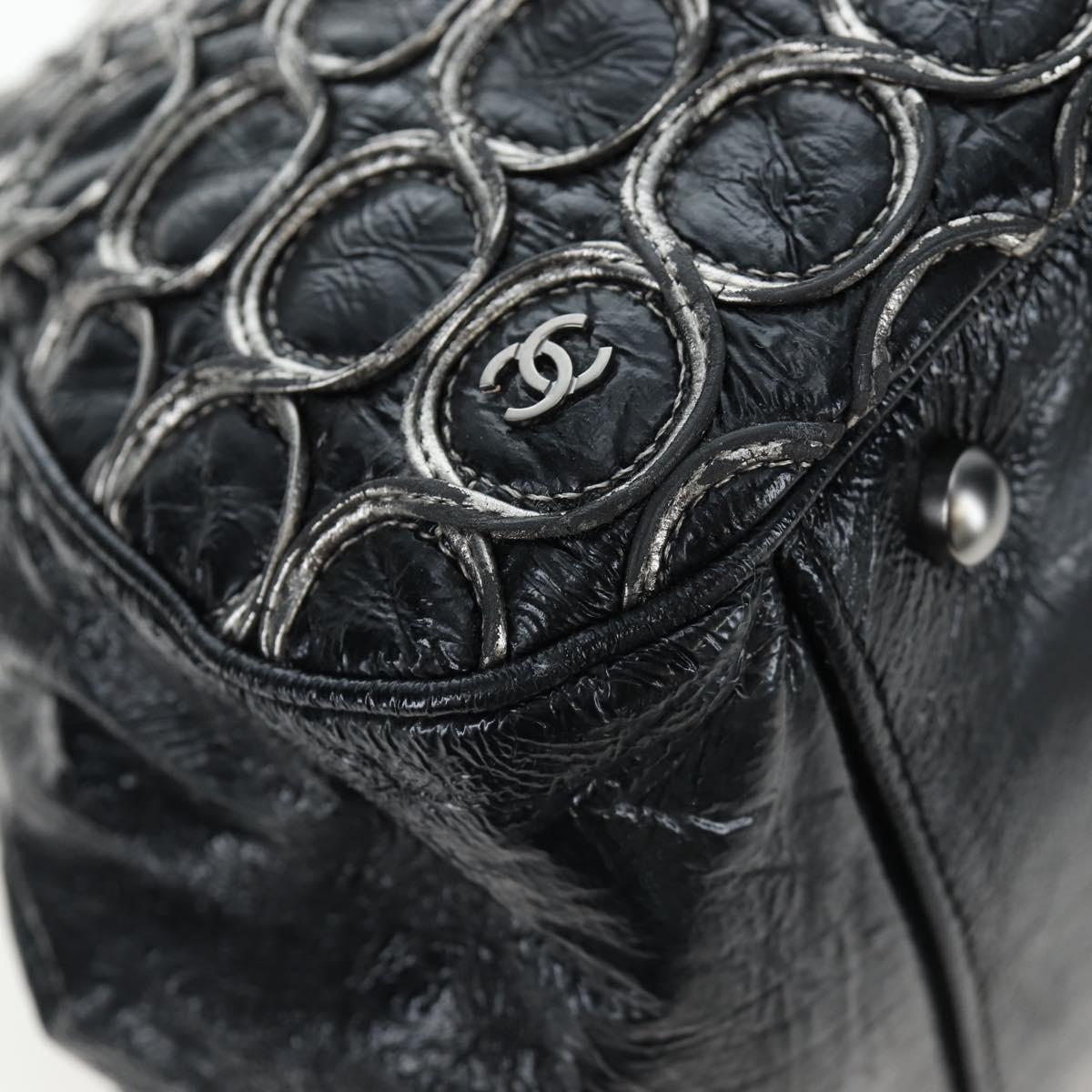 CHANEL Chain Shoulder Bag Patent Black Silver CC Auth BA14739