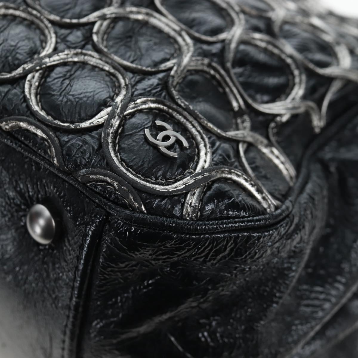 CHANEL Chain Shoulder Bag Patent Black Silver CC Auth BA14739