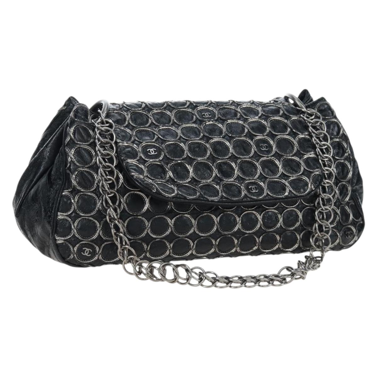 CHANEL Chain Shoulder Bag Patent Black Silver CC Auth BA14739