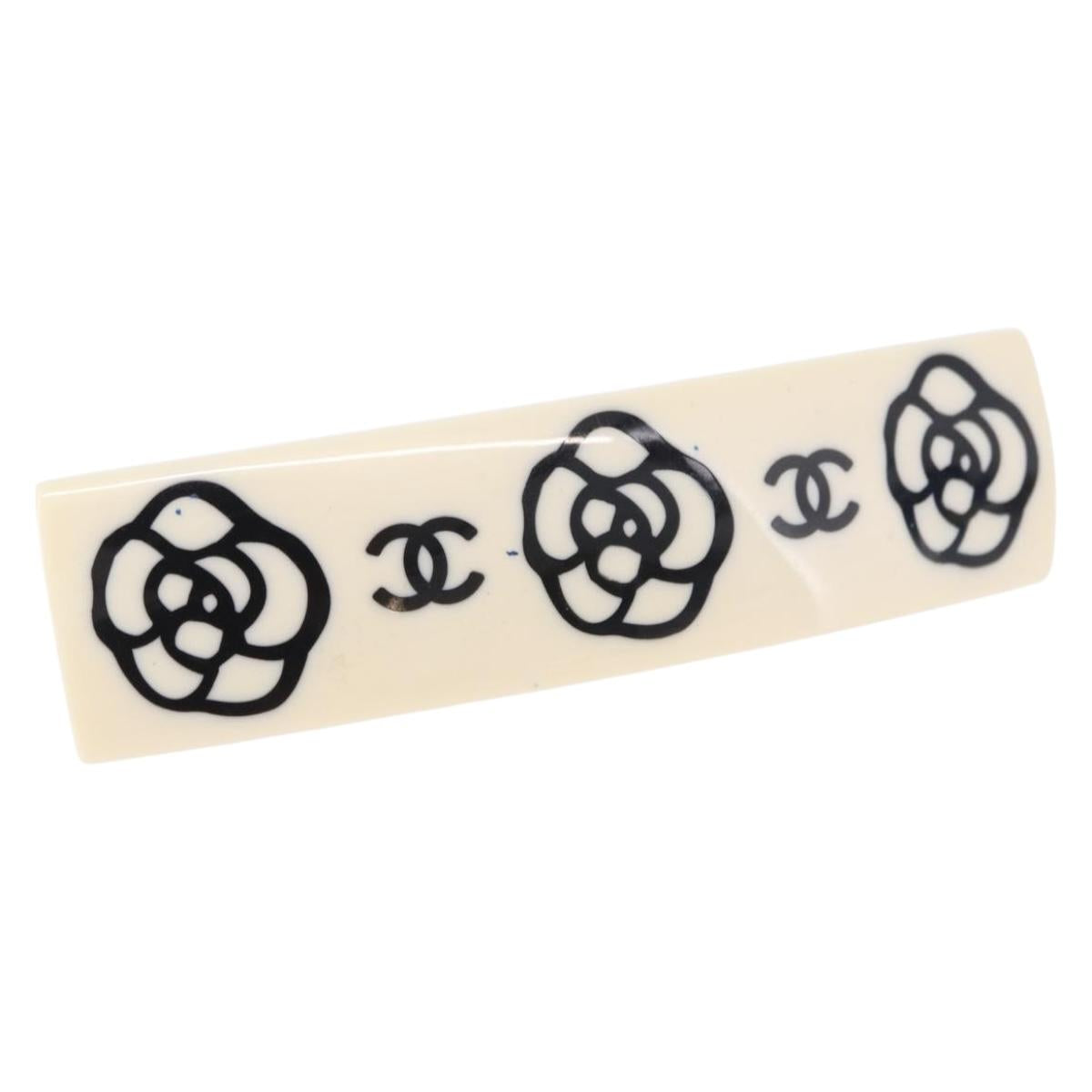 CHANEL Camellia Barrette Hair Clip Plastic White Gold Tone CC Auth BA14745V