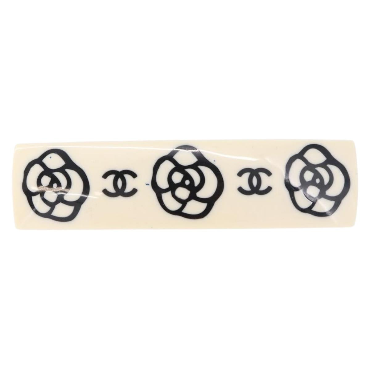 CHANEL Camellia Barrette Hair Clip Plastic White Gold Tone CC Auth BA14745V