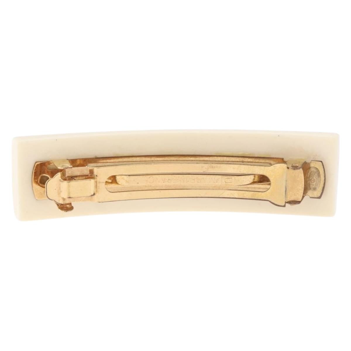 CHANEL Camellia Barrette Hair Clip Plastic White Gold Tone CC Auth BA14745V