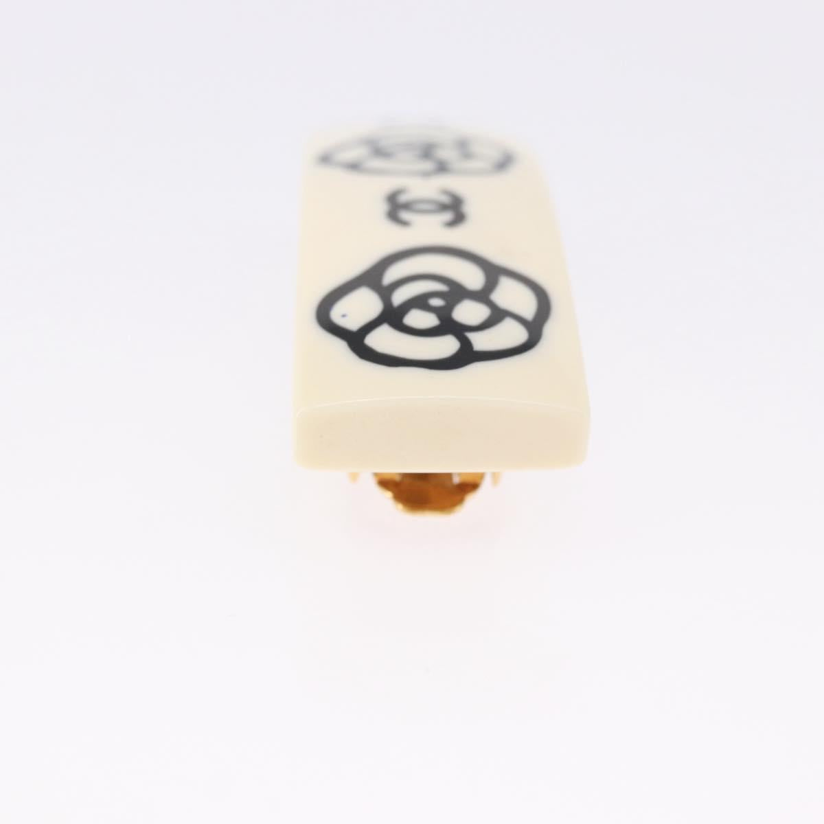 CHANEL Camellia Barrette Hair Clip Plastic White Gold Tone CC Auth BA14745V