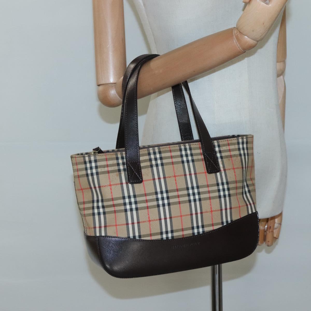 BURBERRY Nova Check Hand Bag Canvas Beige Gold Auth BA1476