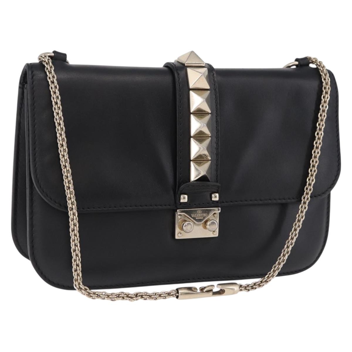 VALENTINO Studs Chain Shoulder Bag Leather Black Gold Tone Auth BA14768A