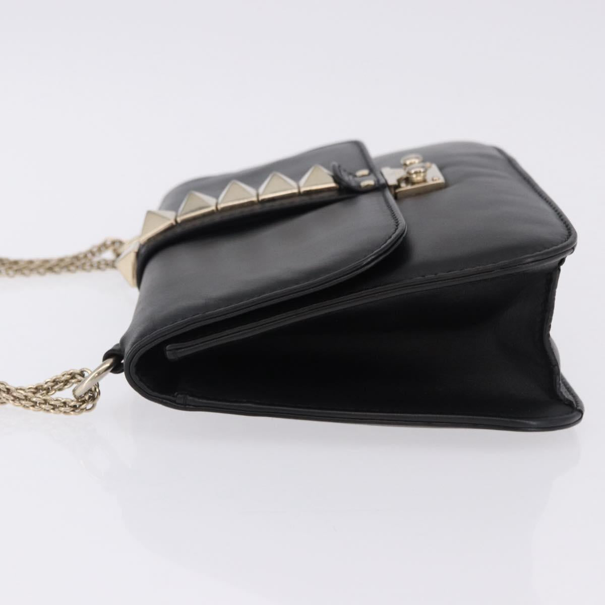 VALENTINO Studs Chain Shoulder Bag Leather Black Gold Tone Auth BA14768A
