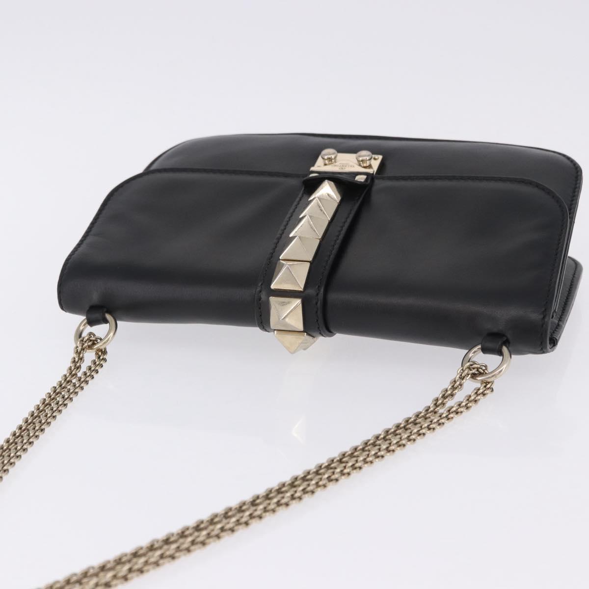VALENTINO Studs Chain Shoulder Bag Leather Black Gold Tone Auth BA14768A