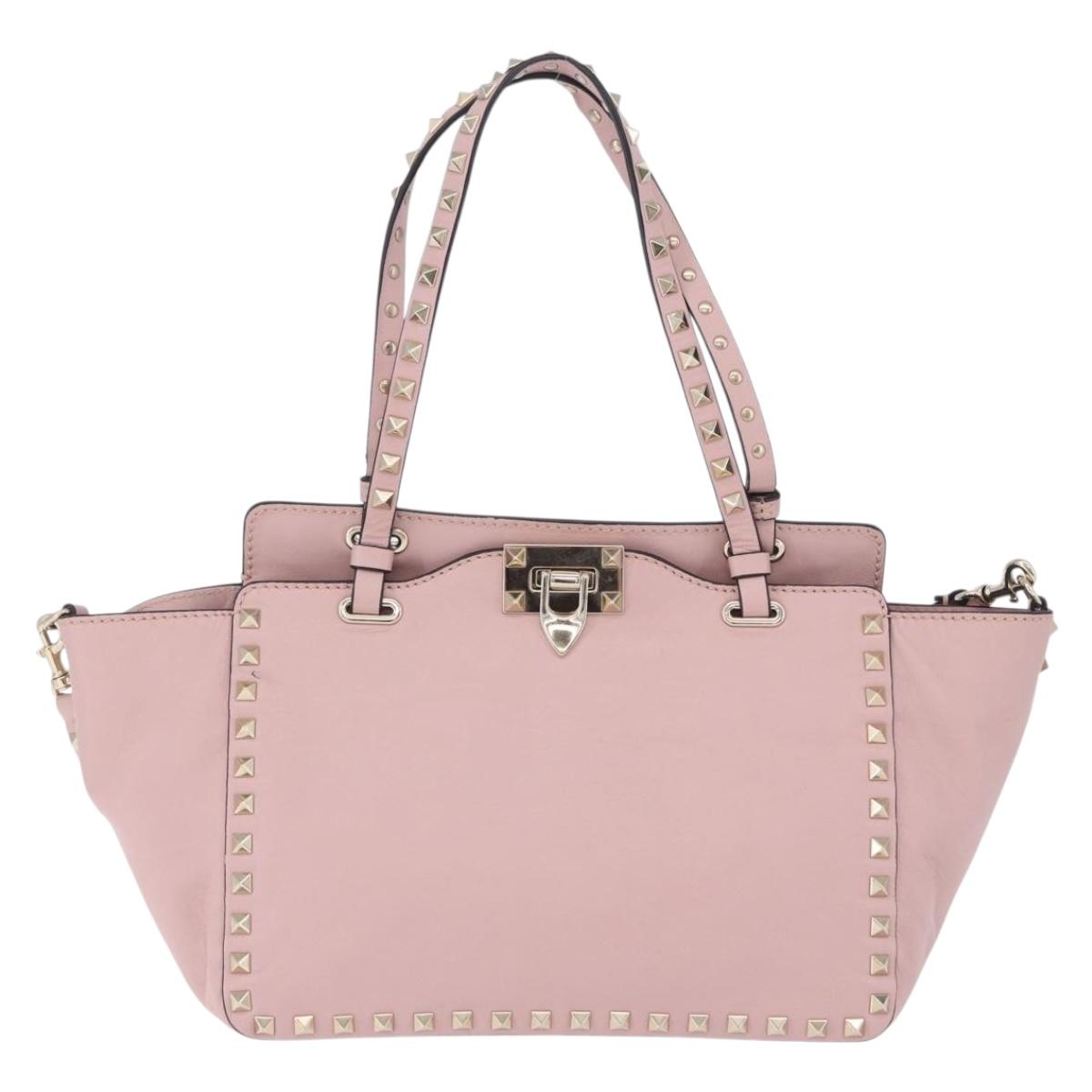 VALENTINO Studs Tote Bag Leather 2way Pink Gold Tone Auth BA14769