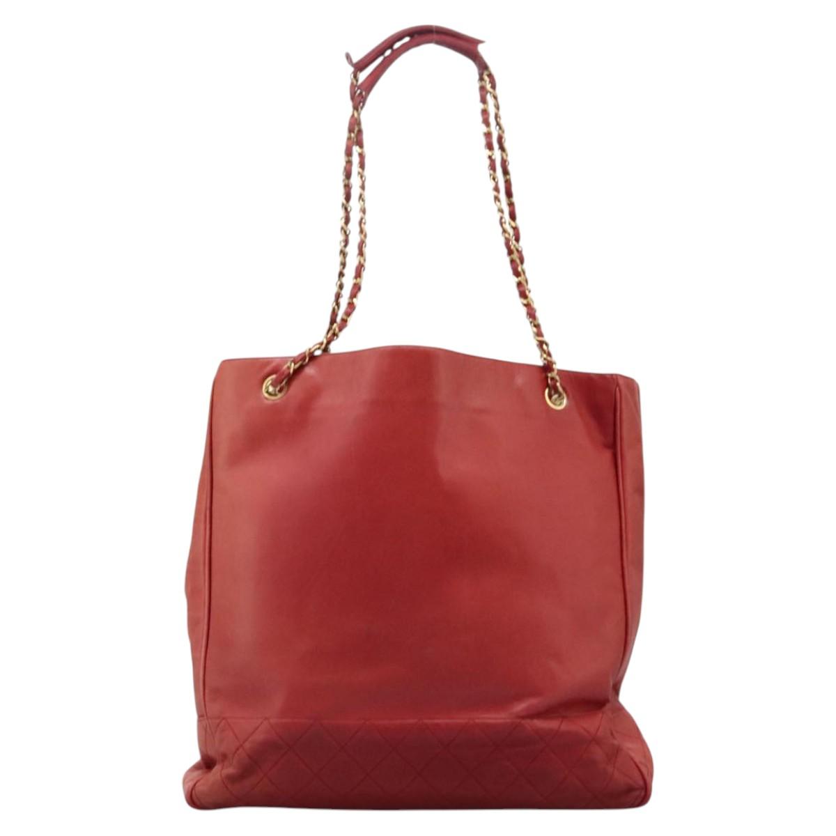 CHANEL Matelasse Chain Tote Bag Lamb Skin Gold Red CC Auth BA1477