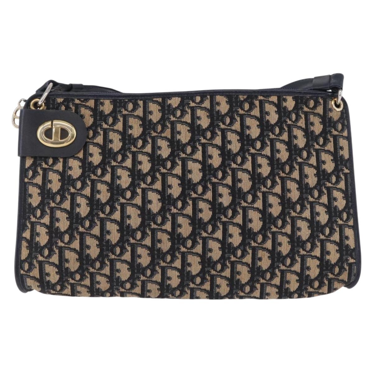 Christian Dior Trotter Canvas Shoulder Bag Navy Gold Tone Auth BA14771