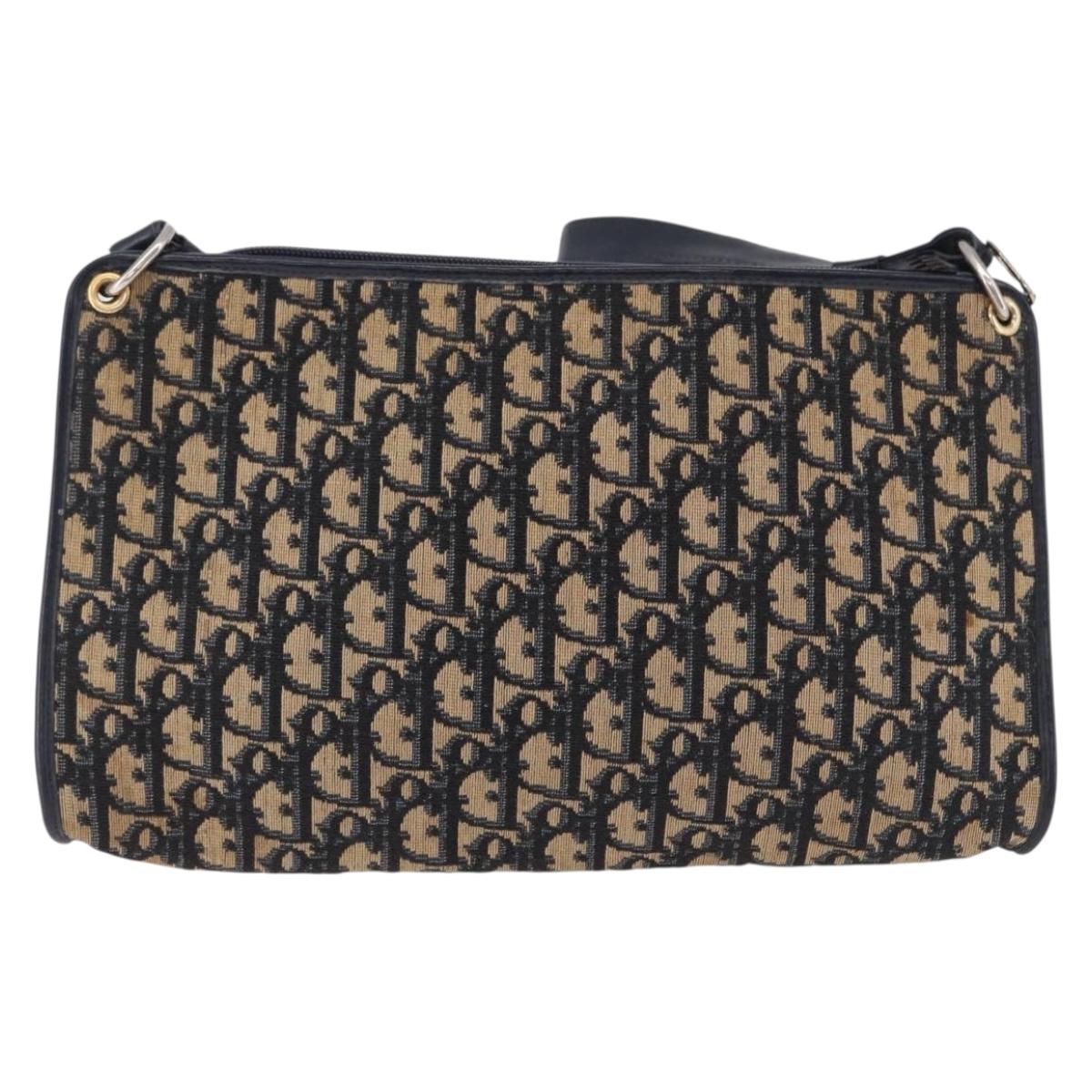 Christian Dior Trotter Canvas Shoulder Bag Navy Gold Tone Auth BA14771