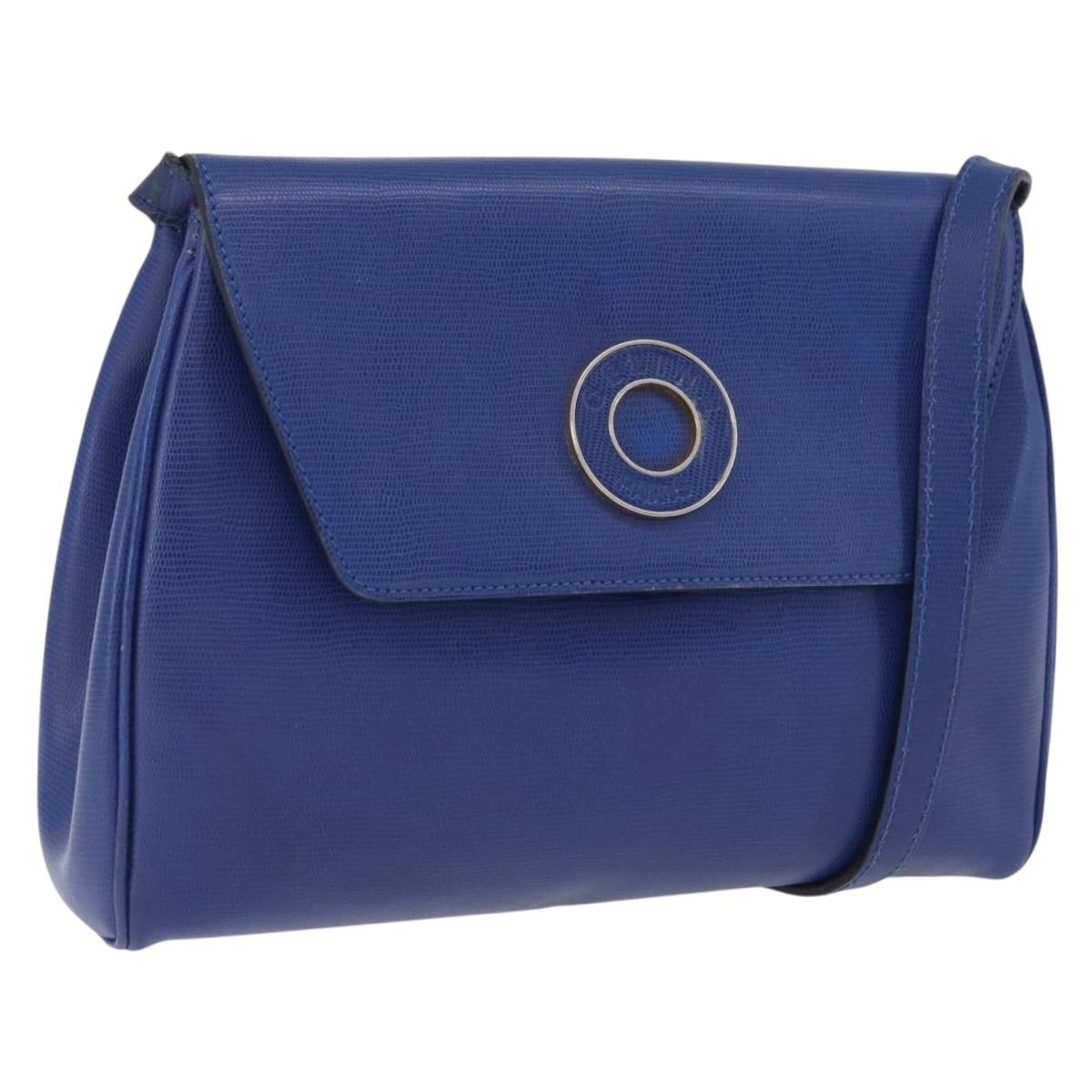 CELINE Circle Shoulder Bag Leather Blue Gold Tone Auth BA14777