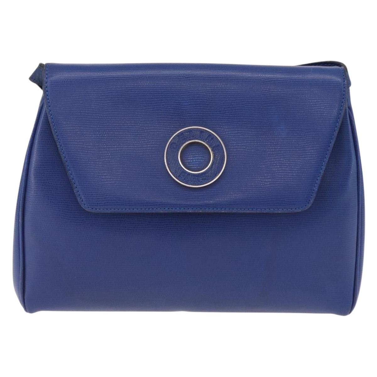 CELINE Circle Shoulder Bag Leather Blue Gold Tone Auth BA14777