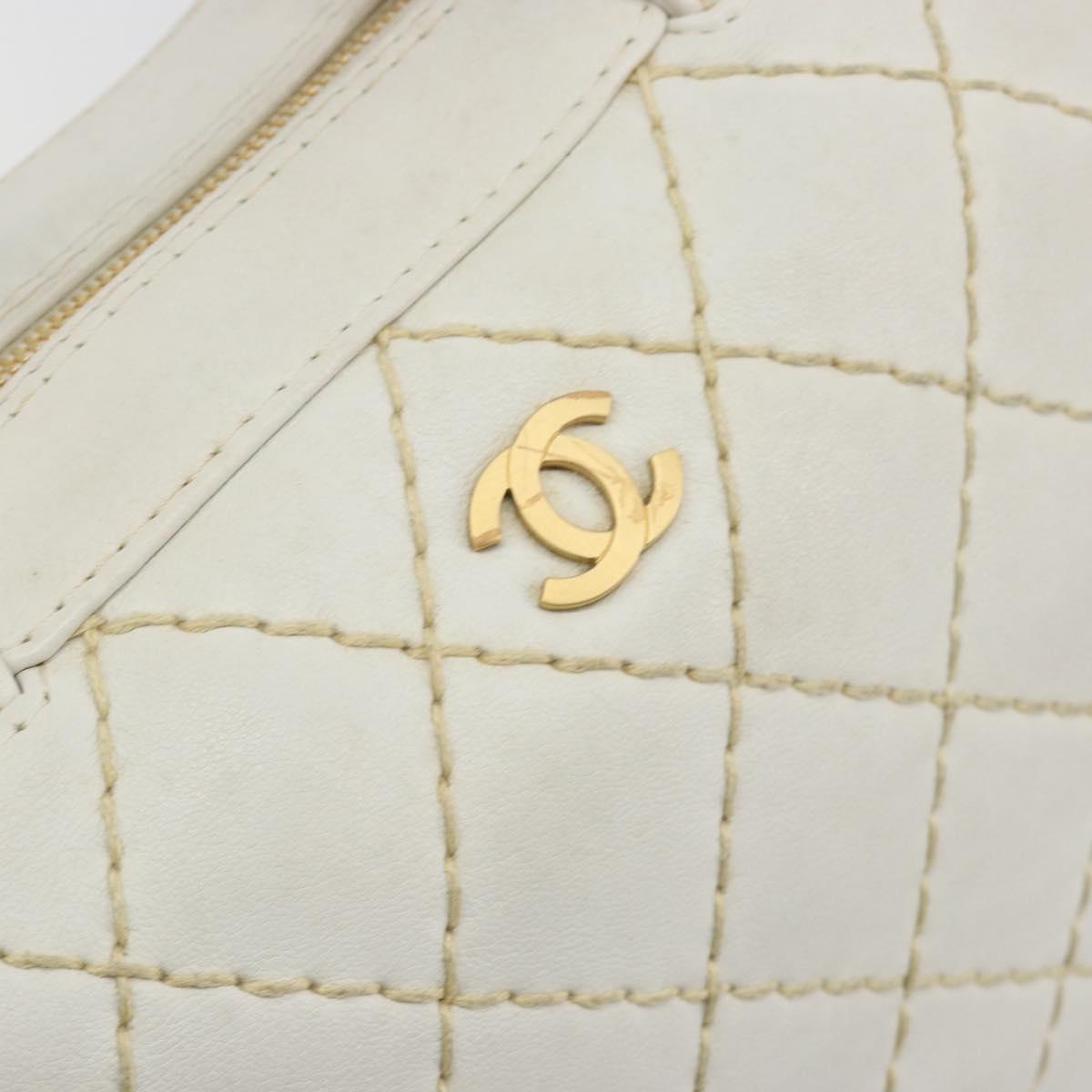 CHANEL Wild stitch Hand Bag Leather White Gold Tone CC Auth BA14785A
