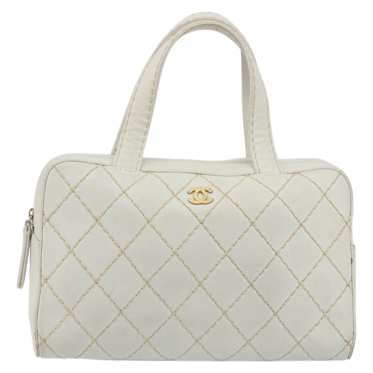 CHANEL Wild stitch Hand Bag Leather White Gold Tone CC Auth BA14785A