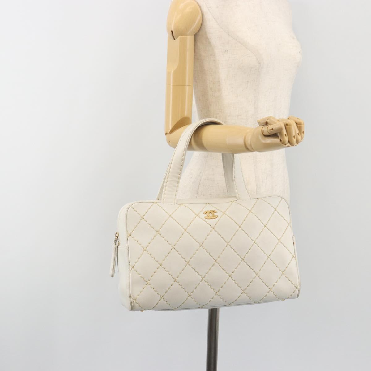 CHANEL Wild stitch Hand Bag Leather White Gold Tone CC Auth BA14785A