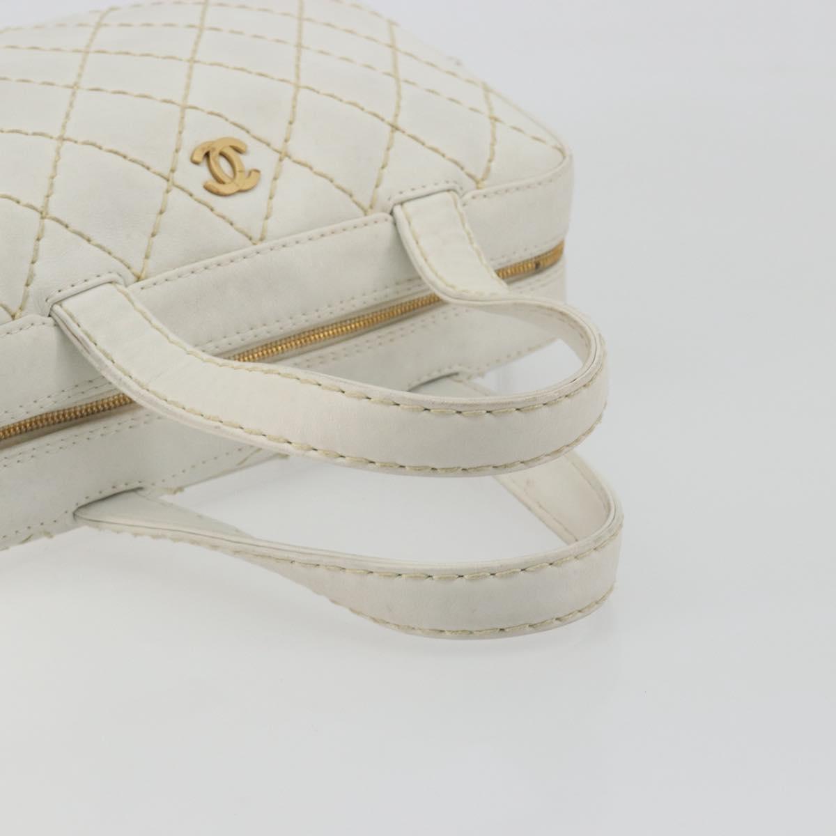 CHANEL Wild stitch Hand Bag Leather White Gold Tone CC Auth BA14785A