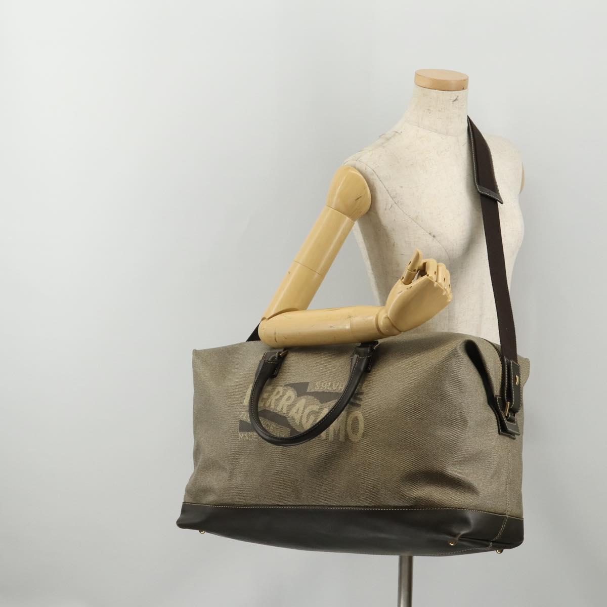 Salvatore Ferragamo Boston Bag Canvas 2way Khaki Gold Tone Auth BA14791