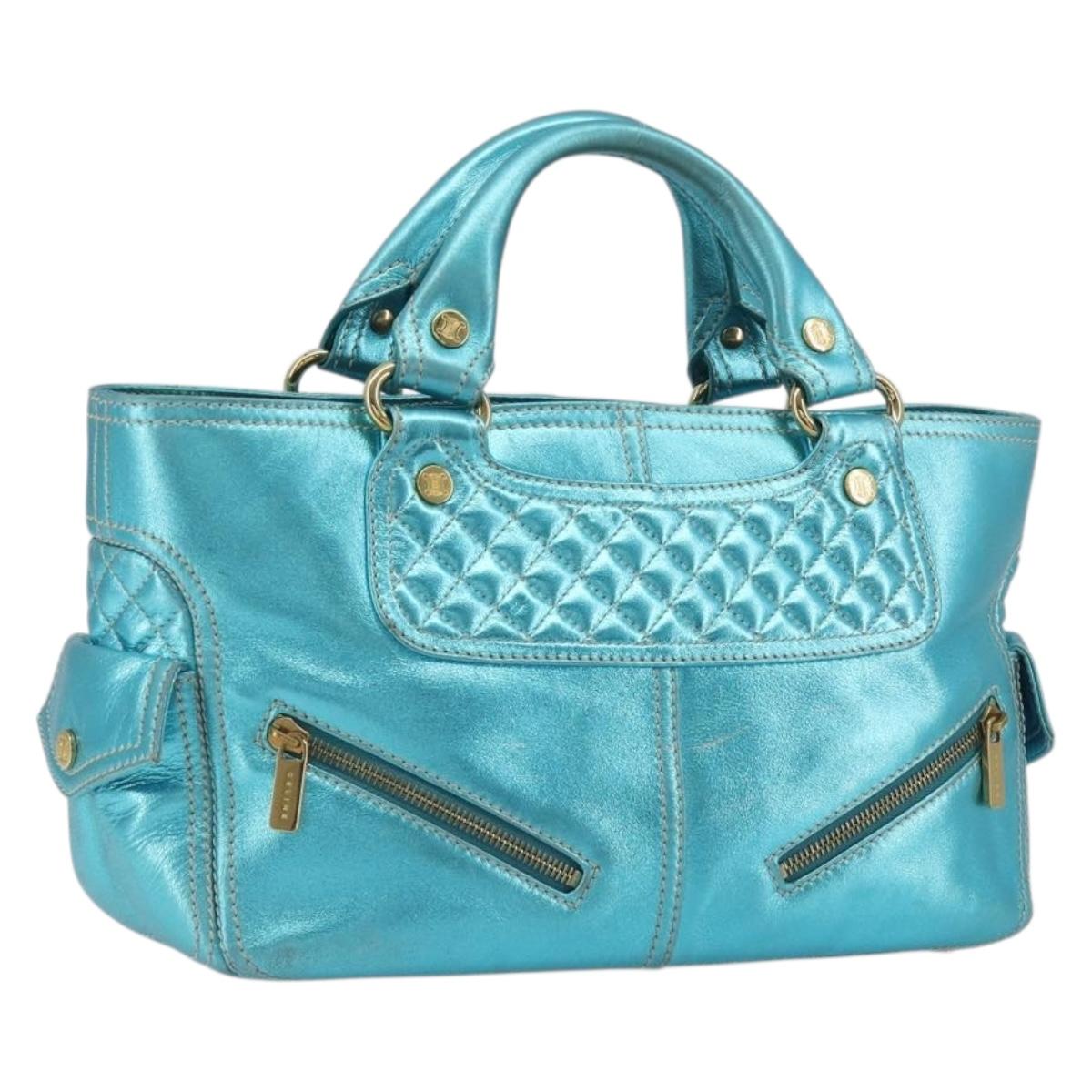 CELINE Boogie Bag Hand Bag Leather Blue Gold Tone Auth BA14792V