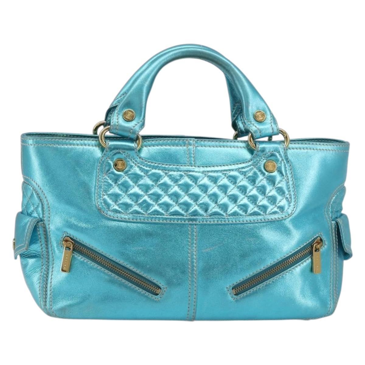 CELINE Boogie Bag Hand Bag Leather Blue Gold Tone Auth BA14792V