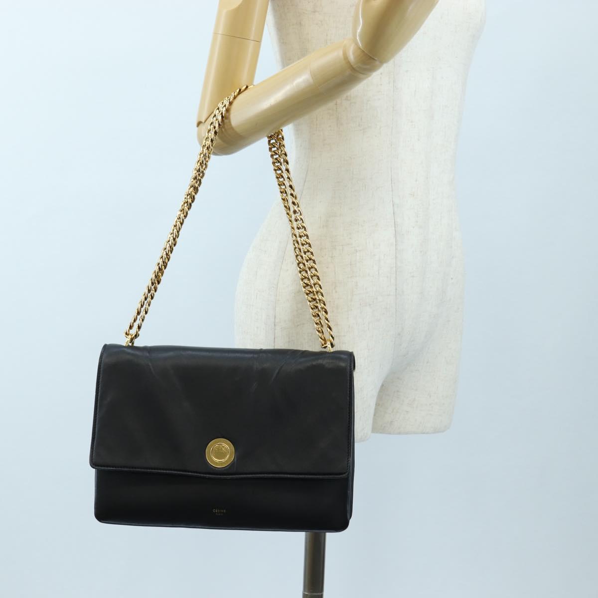 CELINE Chain Shoulder Bag Leather Black Gold Tone Auth BA14803V