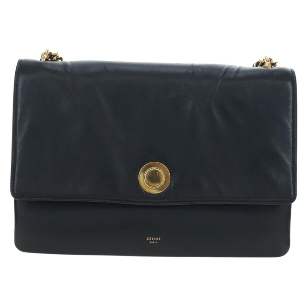 CELINE Chain Shoulder Bag Leather Black Gold Tone Auth BA14803V