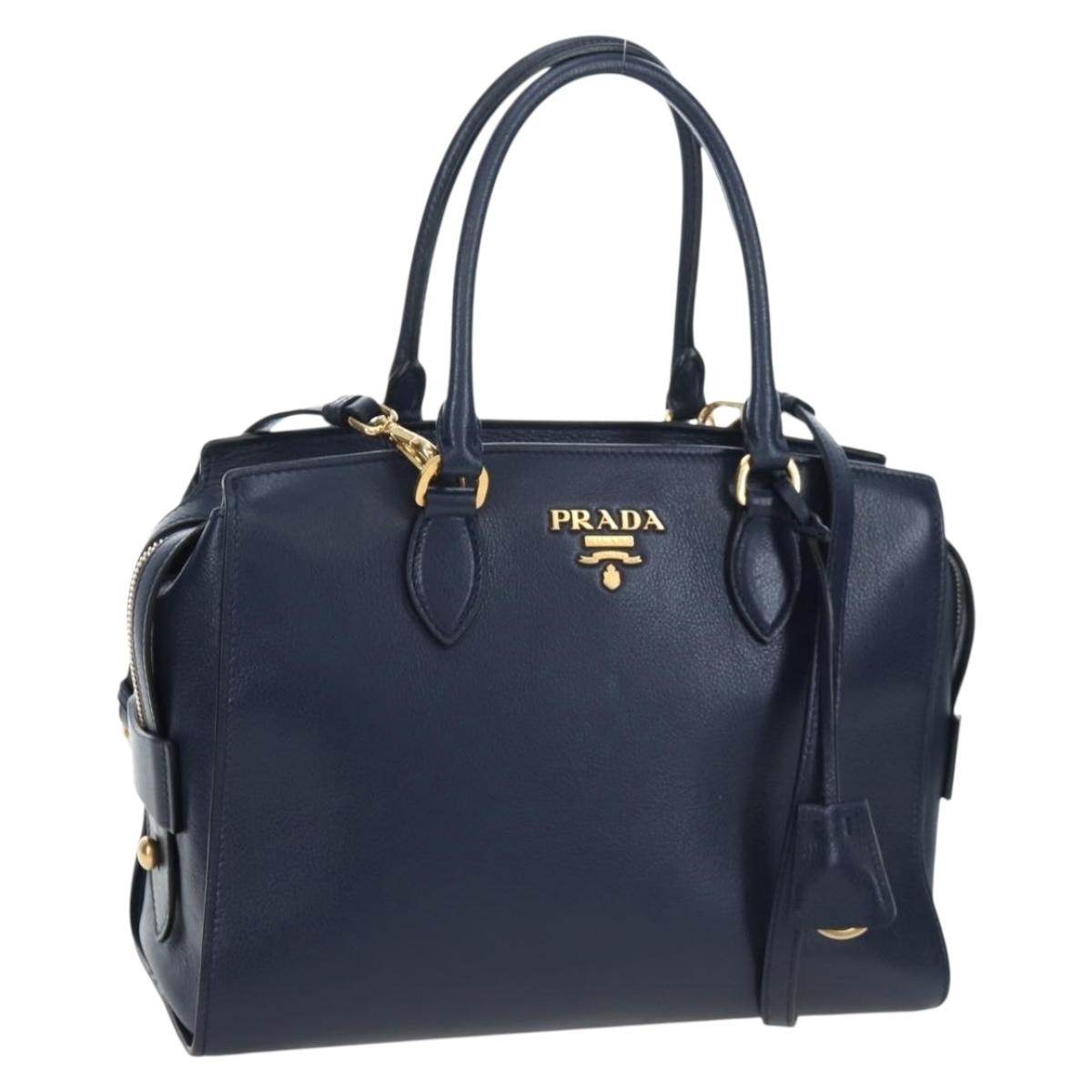 PRADA Vitterodino Hand Bag Leather 2way Navy Gold Tone Auth BA14804V