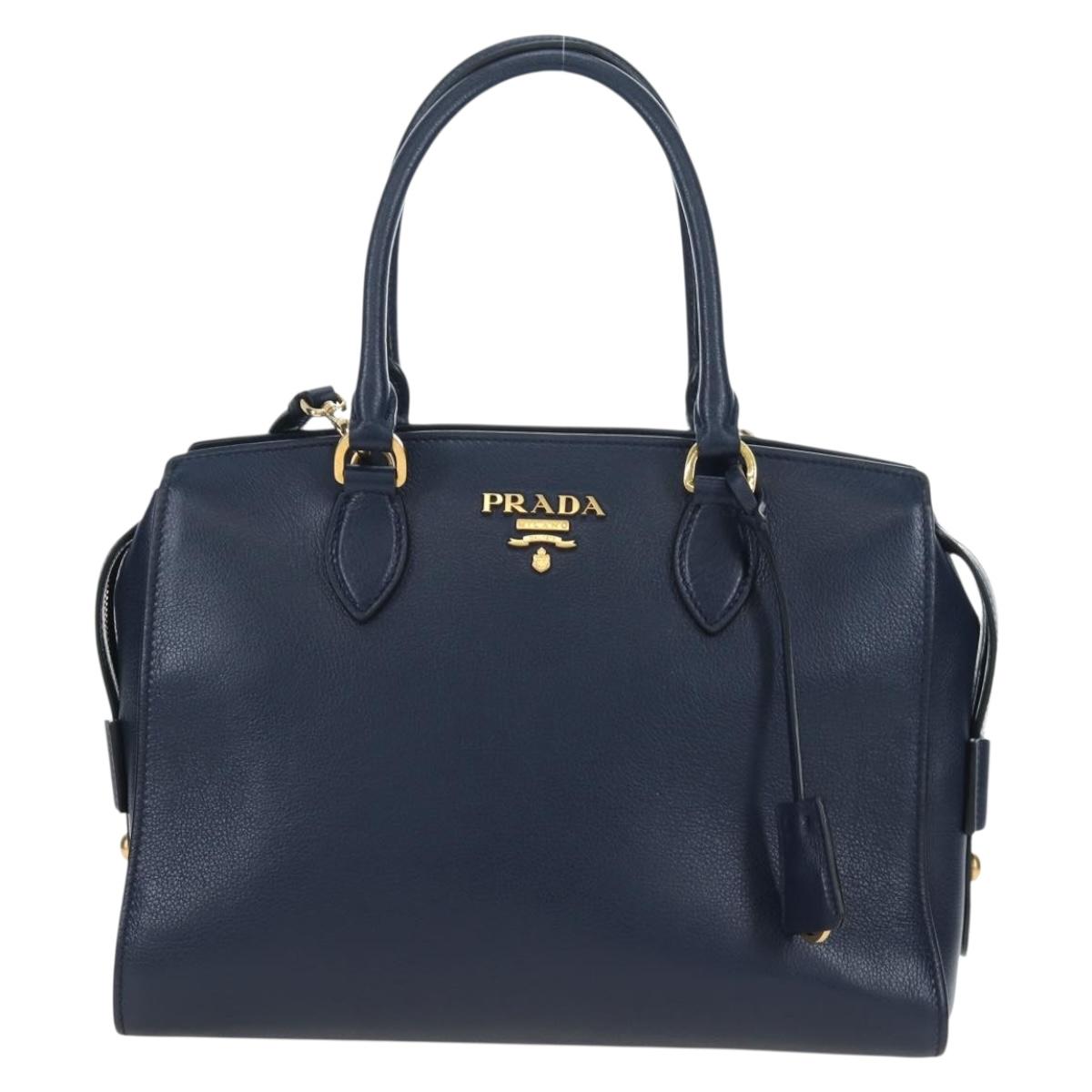 PRADA Vitterodino Hand Bag Leather 2way Navy Gold Tone Auth BA14804V