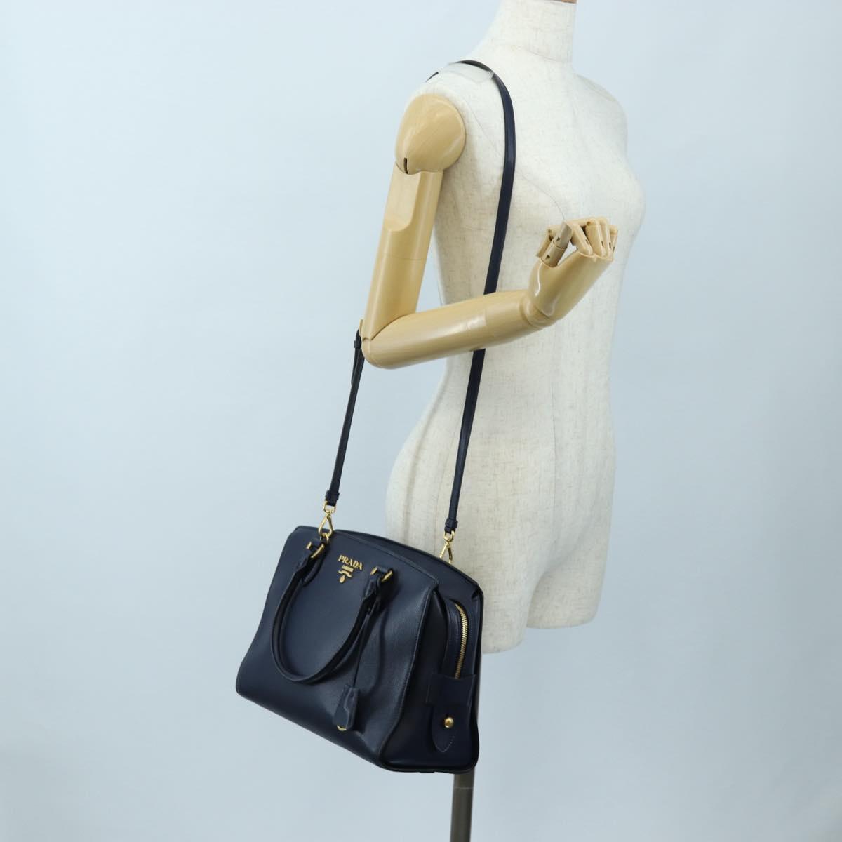 PRADA Vitterodino Hand Bag Leather 2way Navy Gold Tone Auth BA14804V