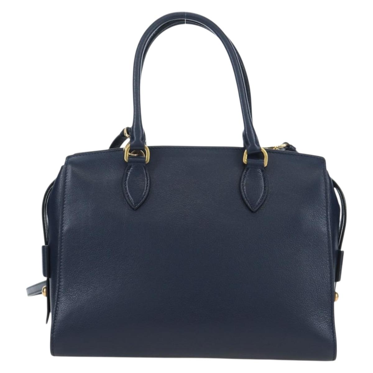 PRADA Vitterodino Hand Bag Leather 2way Navy Gold Tone Auth BA14804V