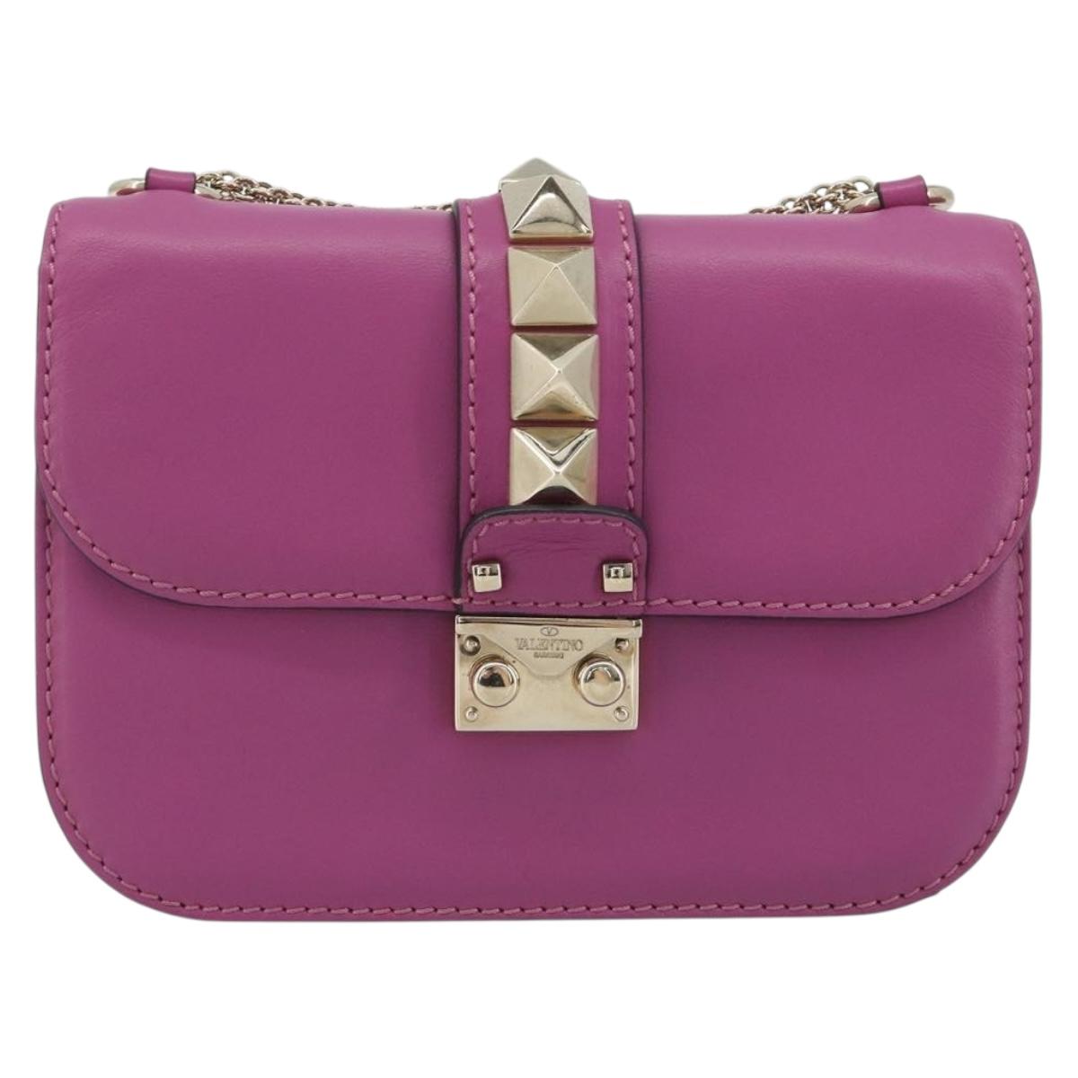 VALENTINO Studs Chain Shoulder Bag Leather Pink Gold Tone Auth BA14809A