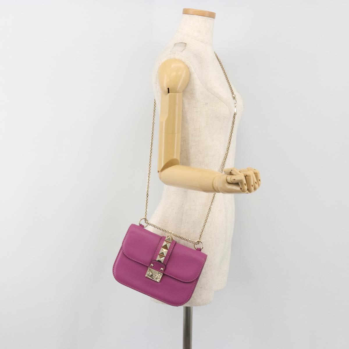 VALENTINO Studs Chain Shoulder Bag Leather Pink Gold Tone Auth BA14809A