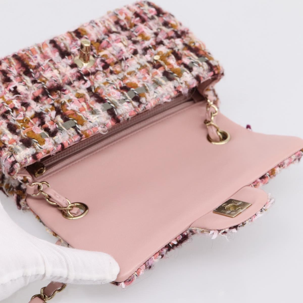 CHANEL Matelasse 20 Chain Shoulder Bag Tweed Pink Gold Tone CC Auth BA14811SM