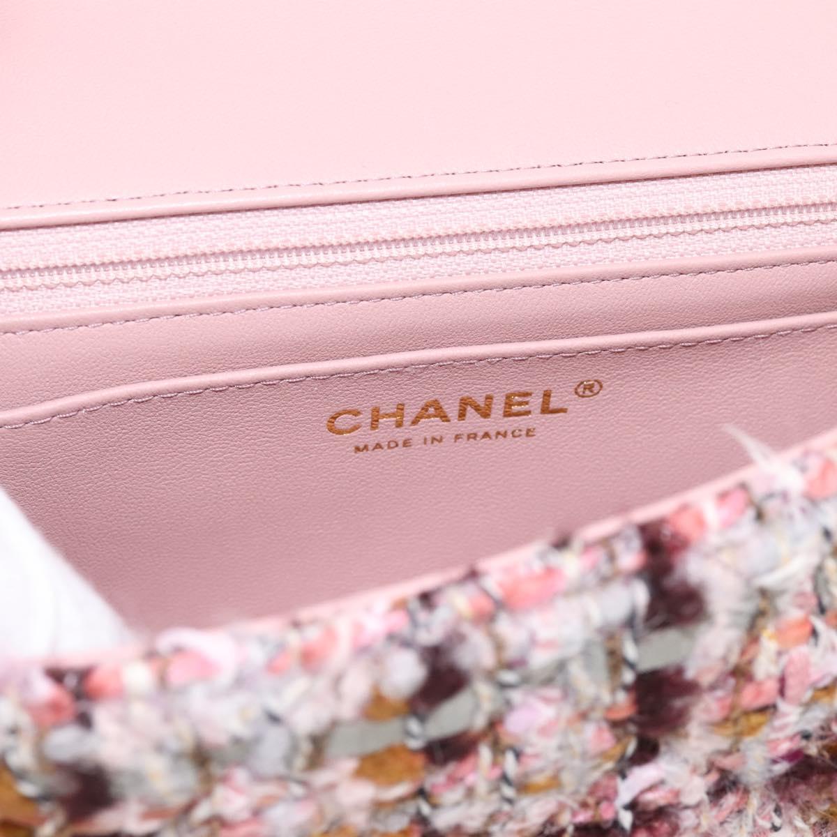 CHANEL Matelasse 20 Chain Shoulder Bag Tweed Pink Gold Tone CC Auth BA14811SM