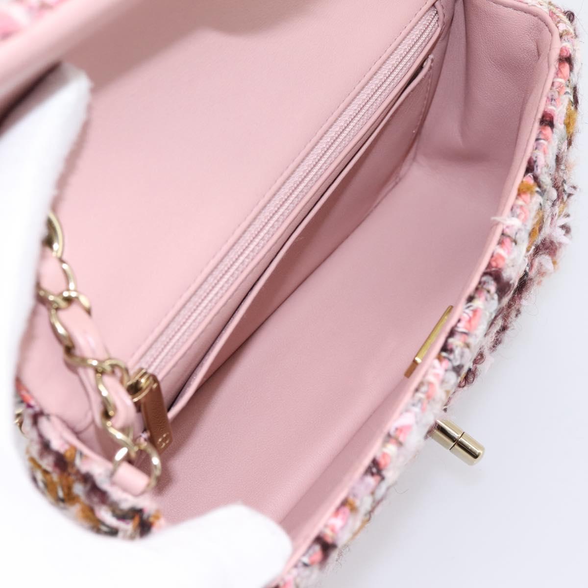 CHANEL Matelasse 20 Chain Shoulder Bag Tweed Pink Gold Tone CC Auth BA14811SM