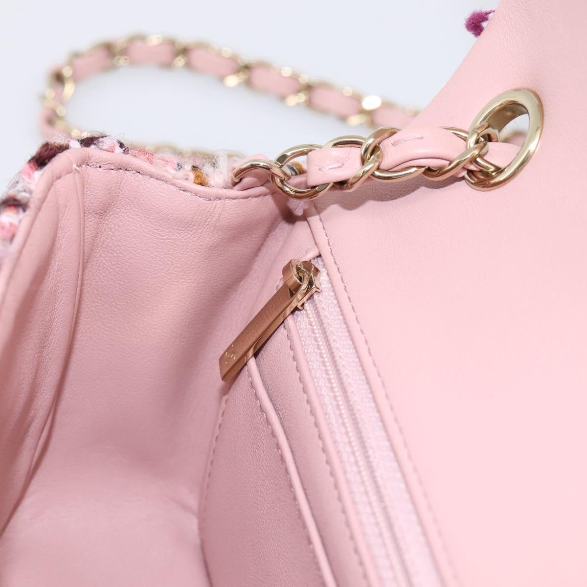 CHANEL Matelasse 20 Chain Shoulder Bag Tweed Pink Gold Tone CC Auth BA14811SM