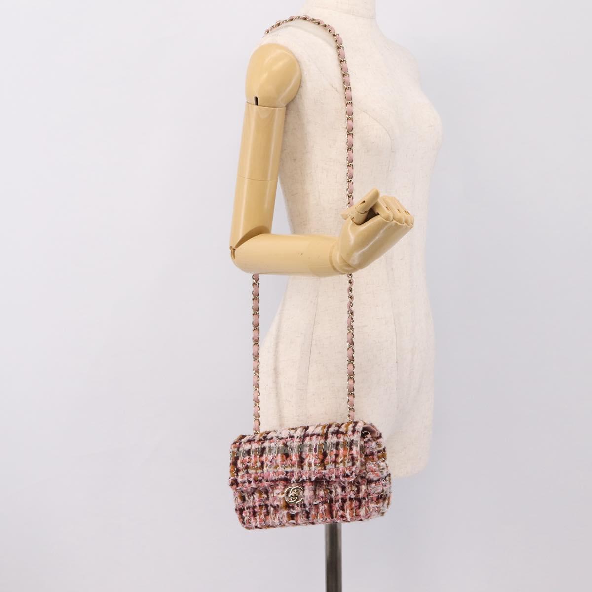 CHANEL Matelasse 20 Chain Shoulder Bag Tweed Pink Gold Tone CC Auth BA14811SM